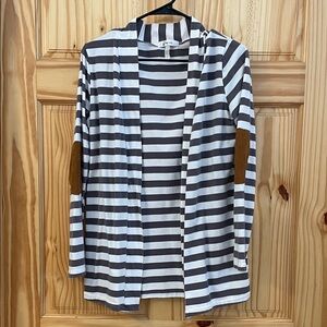 Striped Open-Front Cardigan with Elbow Patches